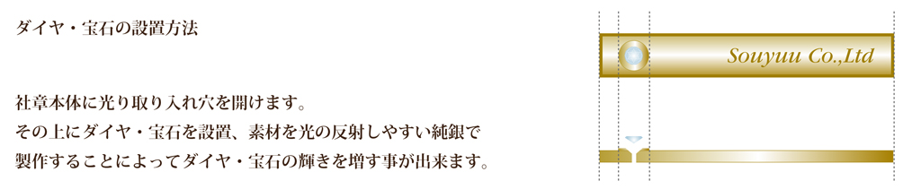 ダイヤ・宝石の設置方法は社章本体に光取り入れ穴を開け、その上に宝石を乗せる事で光が反射し宝石の輝きを増す事ができます。